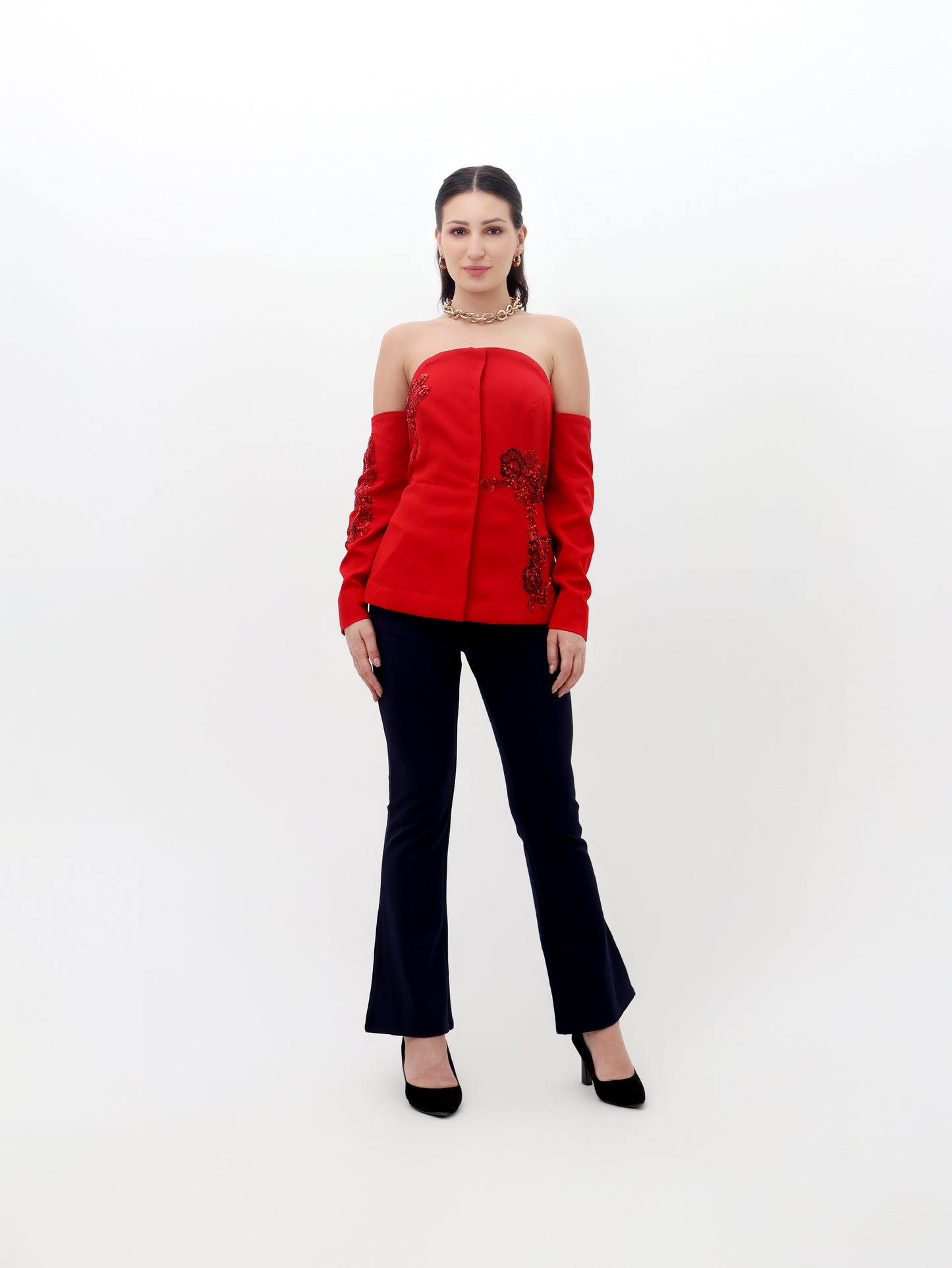 Red Full-Sleeve Off-Shoulder Top with Stonework Detailing