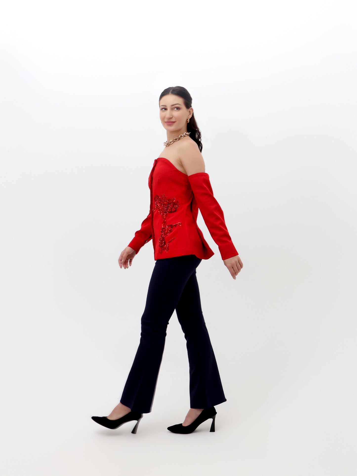 Red Full-Sleeve Off-Shoulder Top with Stonework Detailing
