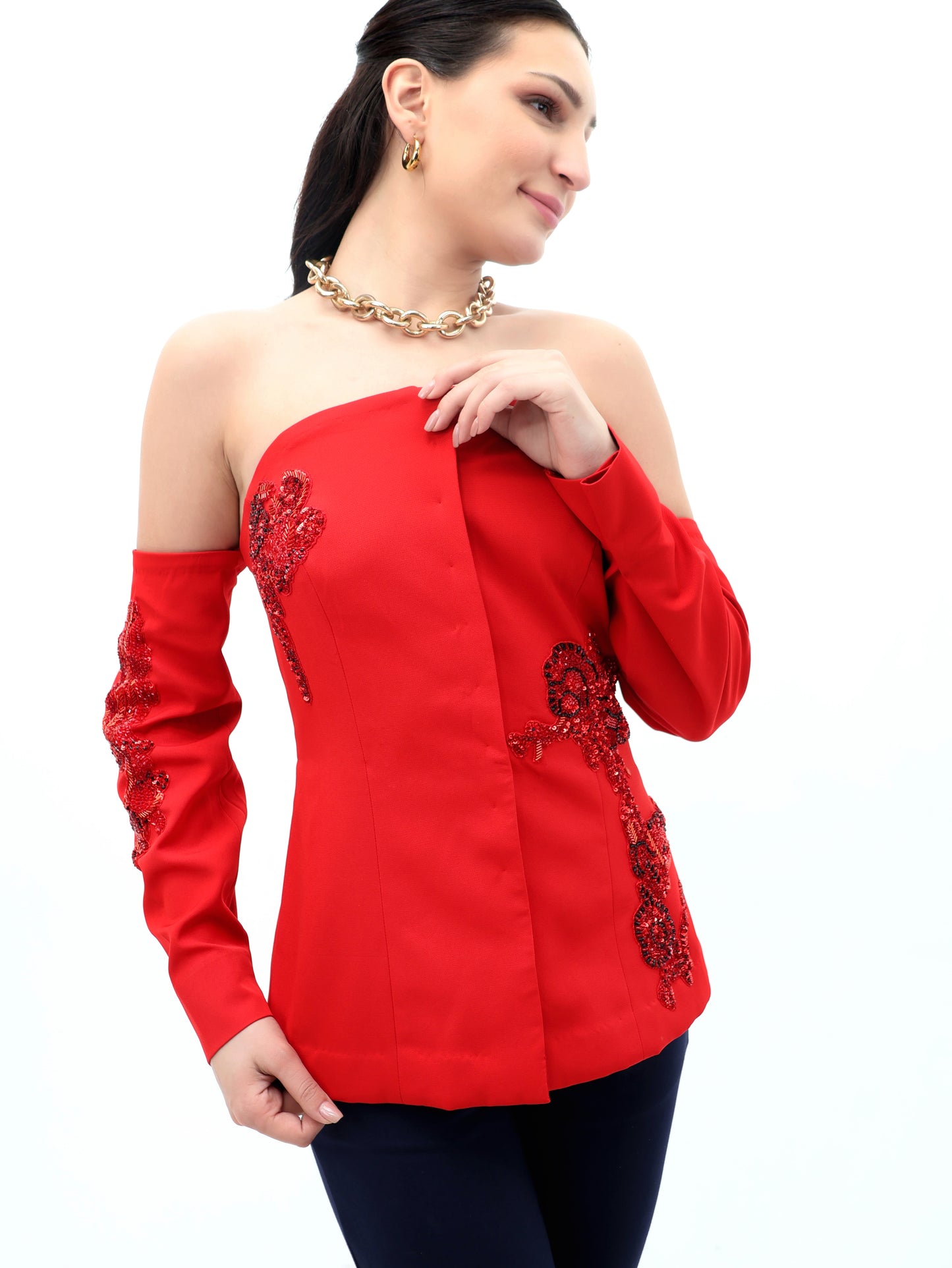 Red Full-Sleeve Off-Shoulder Top with Stonework Detailing