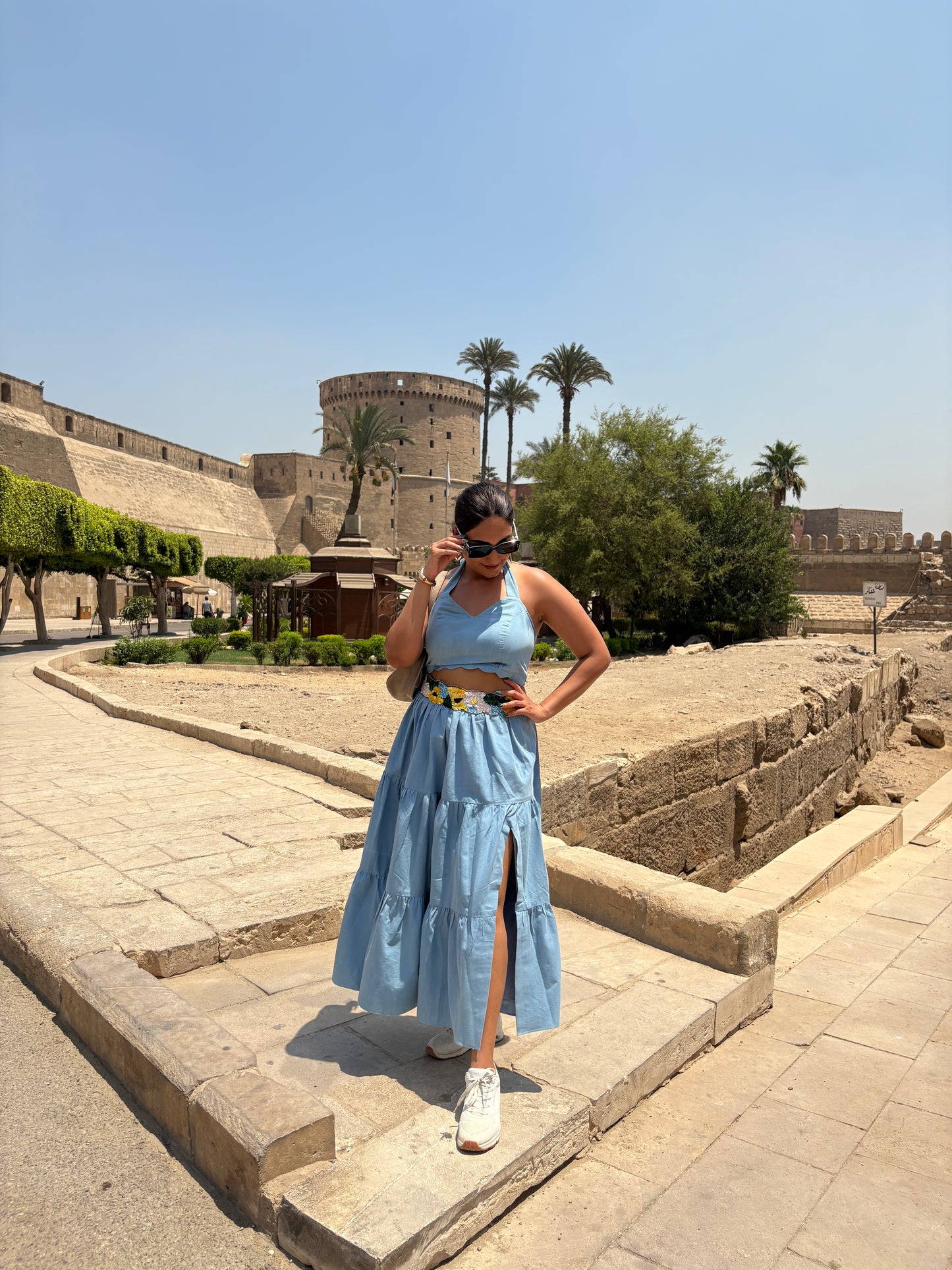 Blue Hand Embroidered Pleated Denim Set