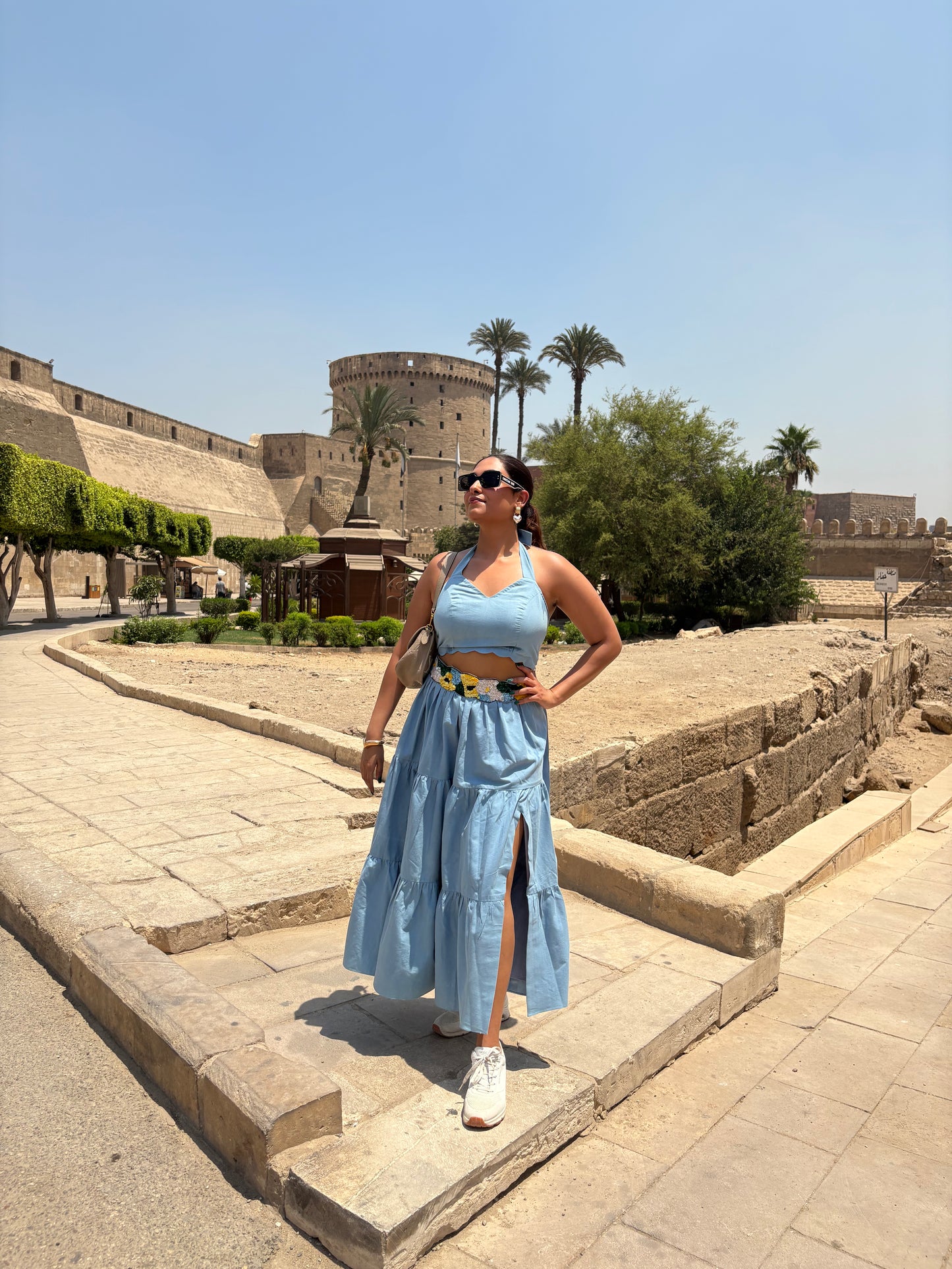 Blue Hand Embroidered Pleated Denim Set