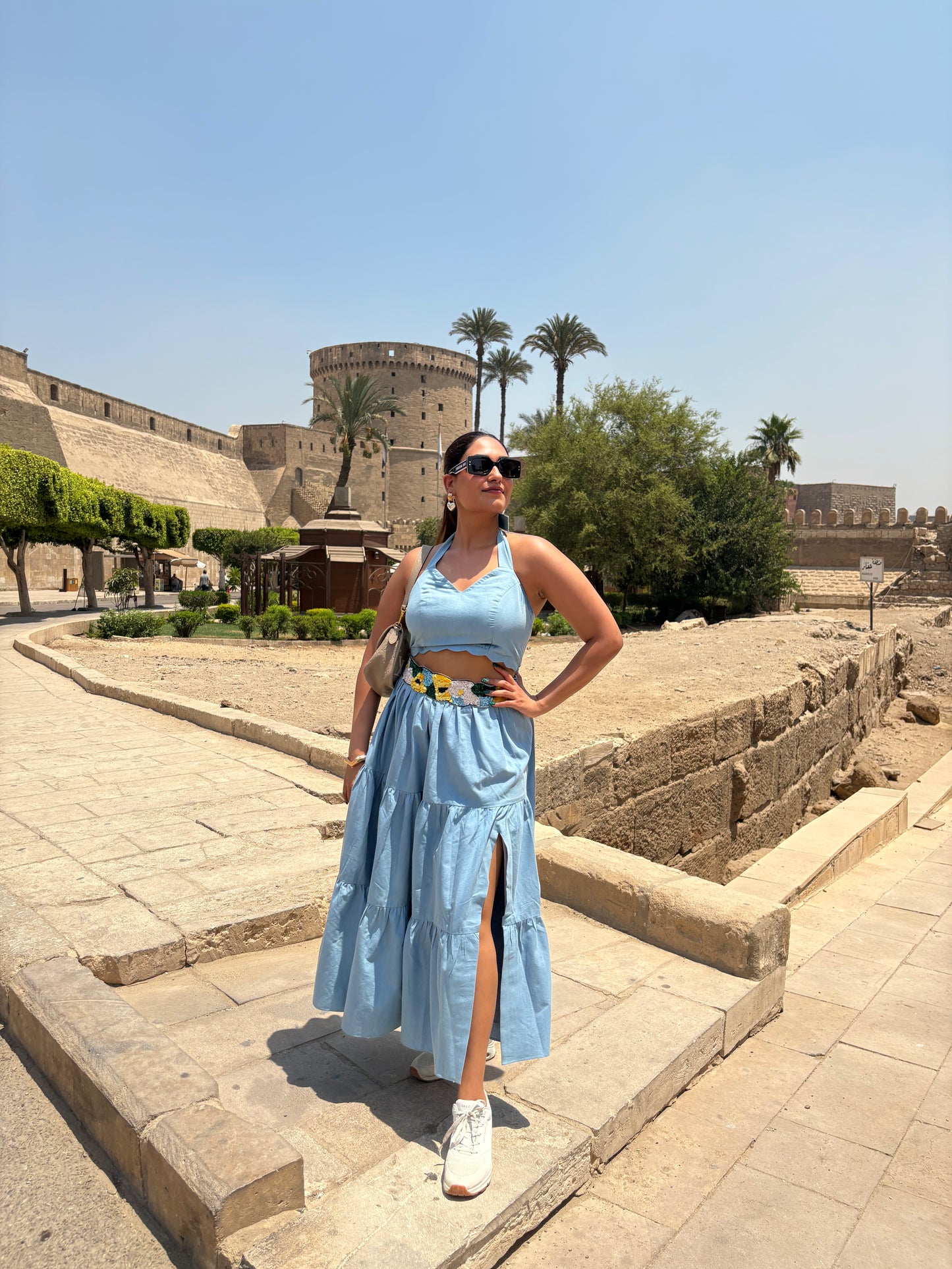Blue Hand Embroidered Pleated Denim Set