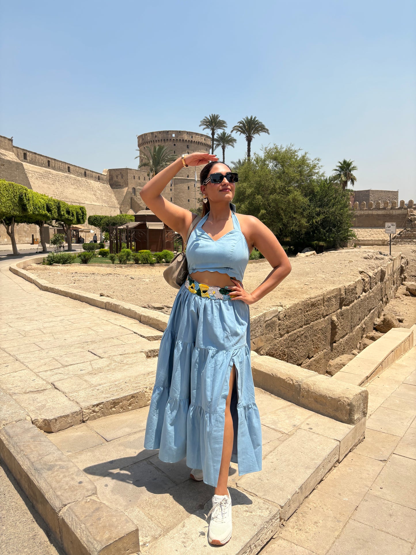 Blue Hand Embroidered Pleated Denim Set
