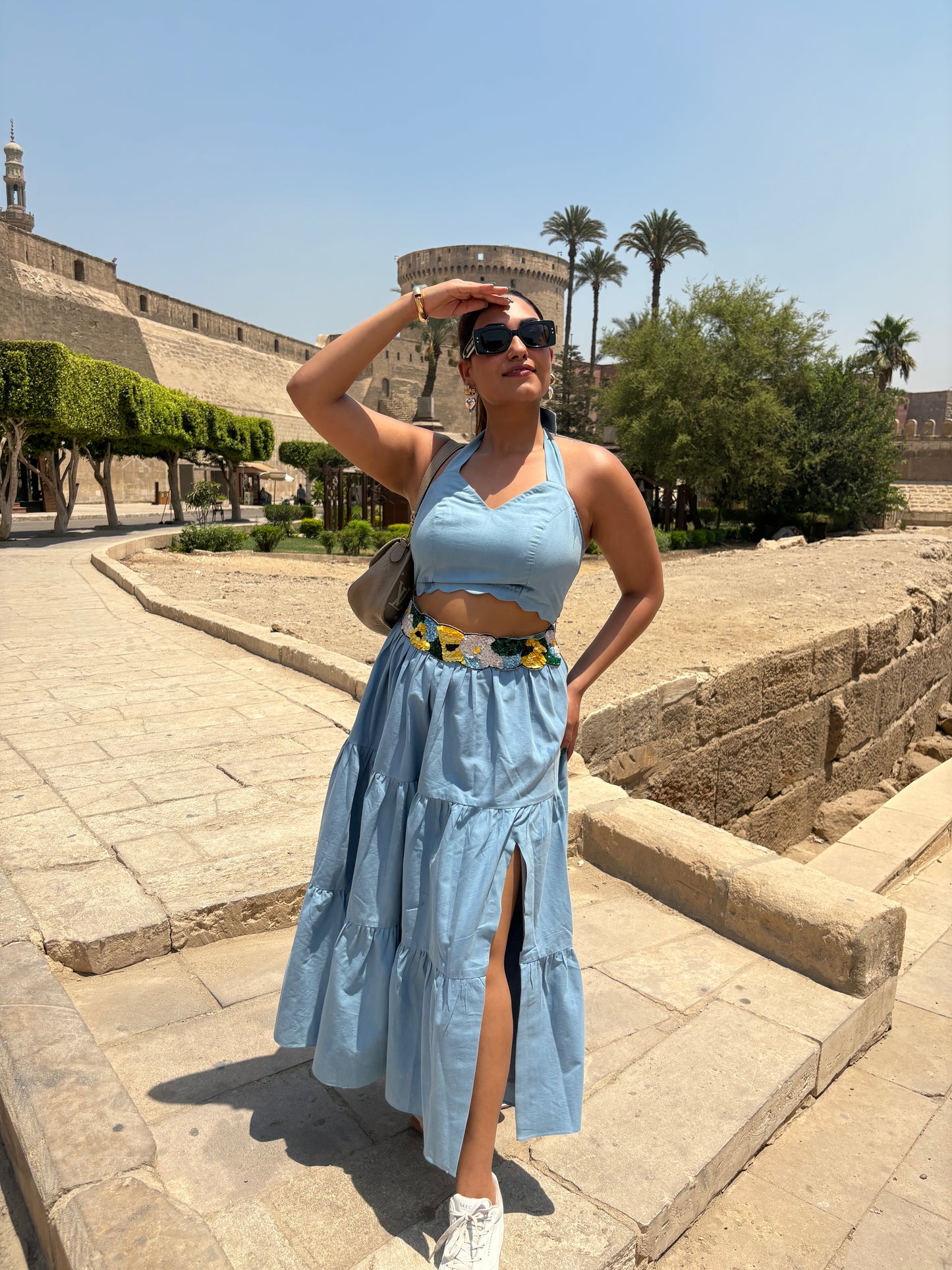 Blue Hand Embroidered Pleated Denim Set