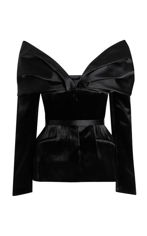 Velvet Black Deep Neck Full-Sleeve Top with Satin Details