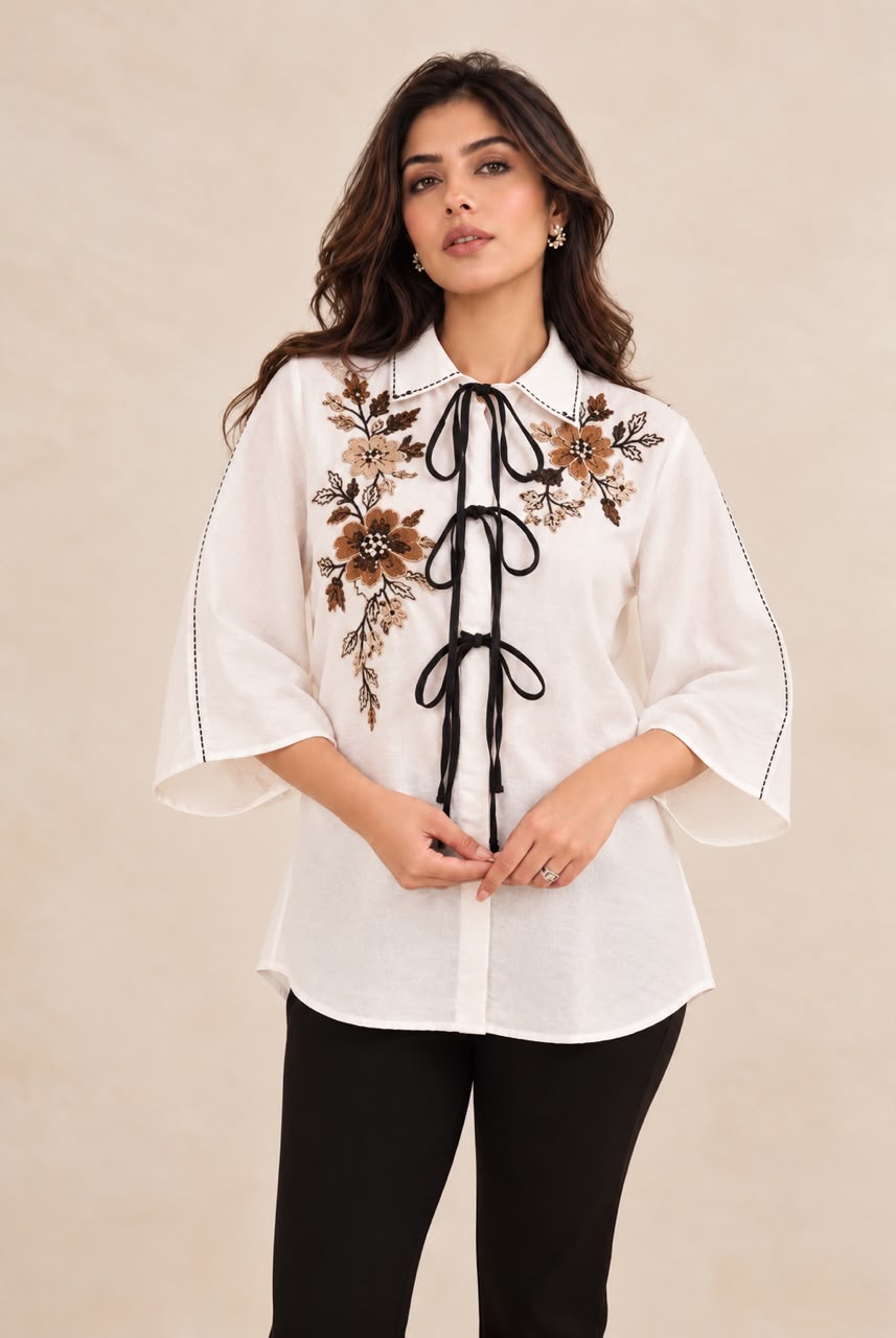 Ivory Floral Embroidered Bow-Tie Shirt