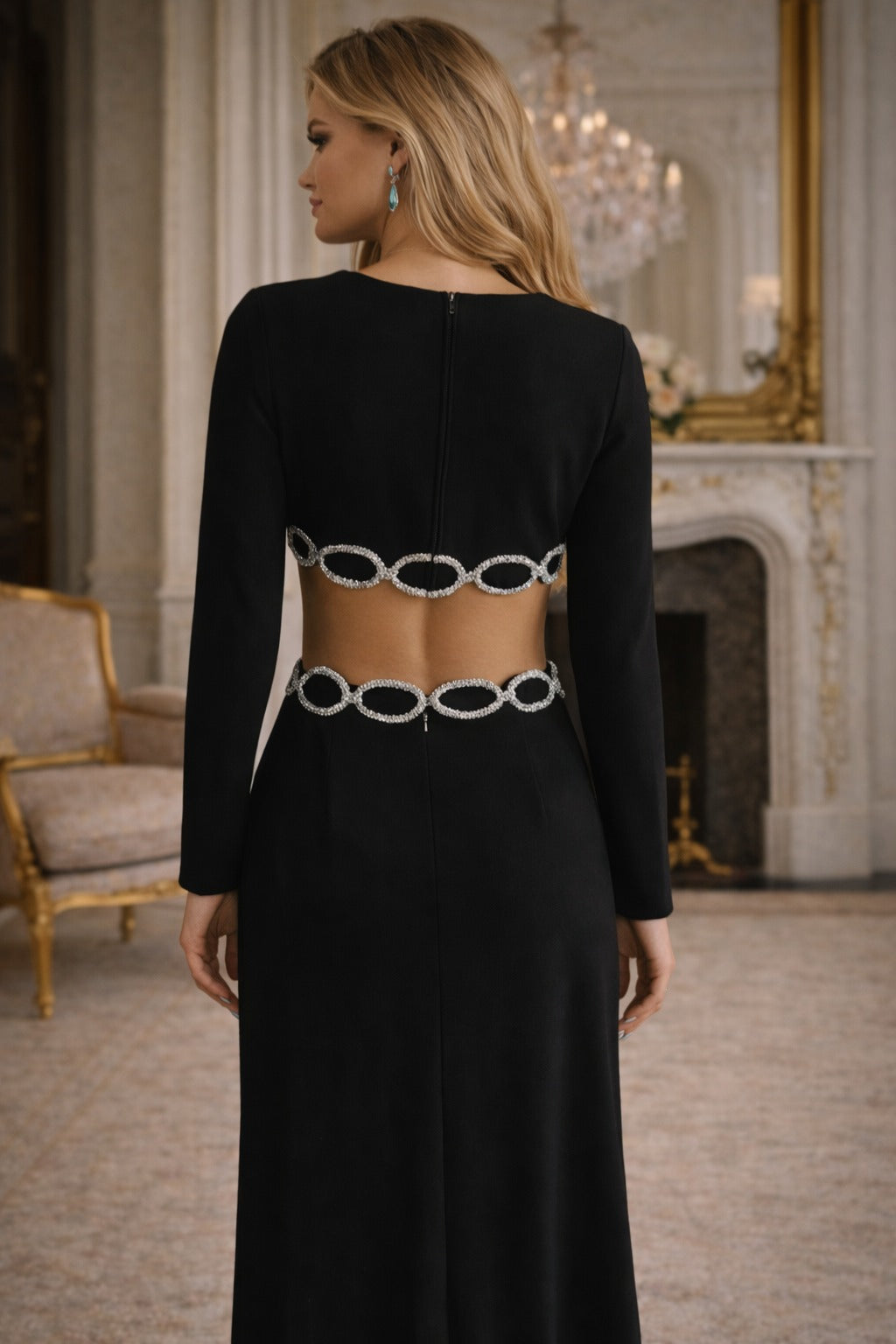 Black Cut-Out Dress with Stonework