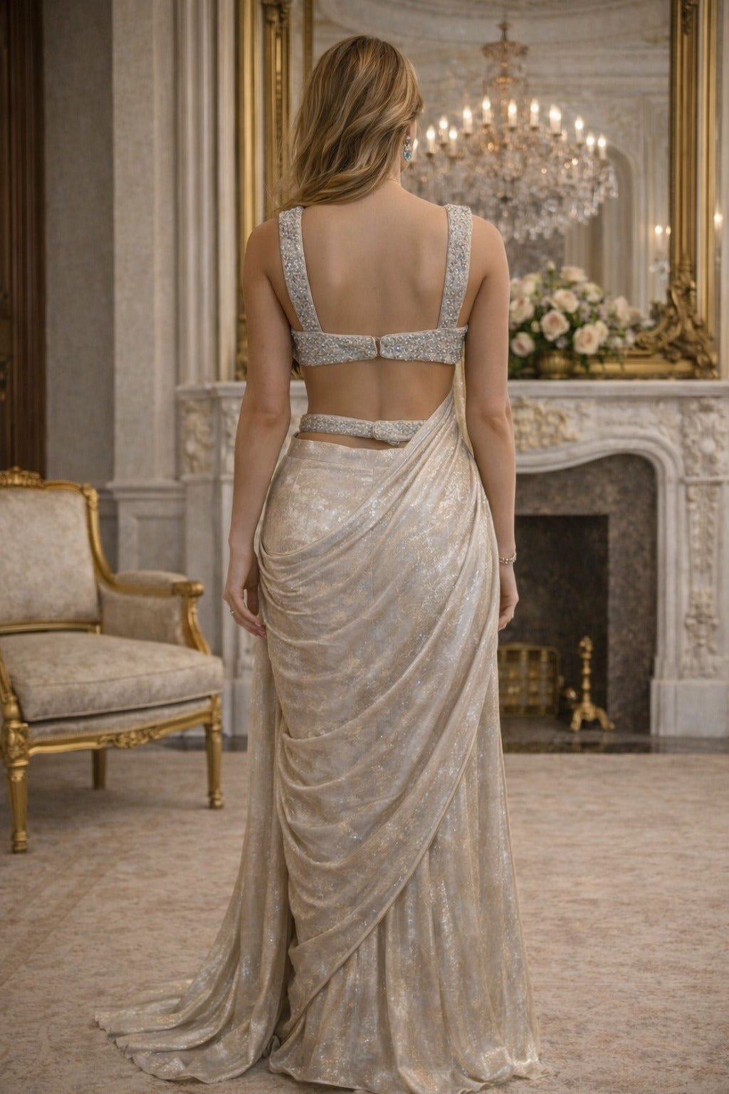 Ivory Draped Saree with Heavy Embellished Blouse
