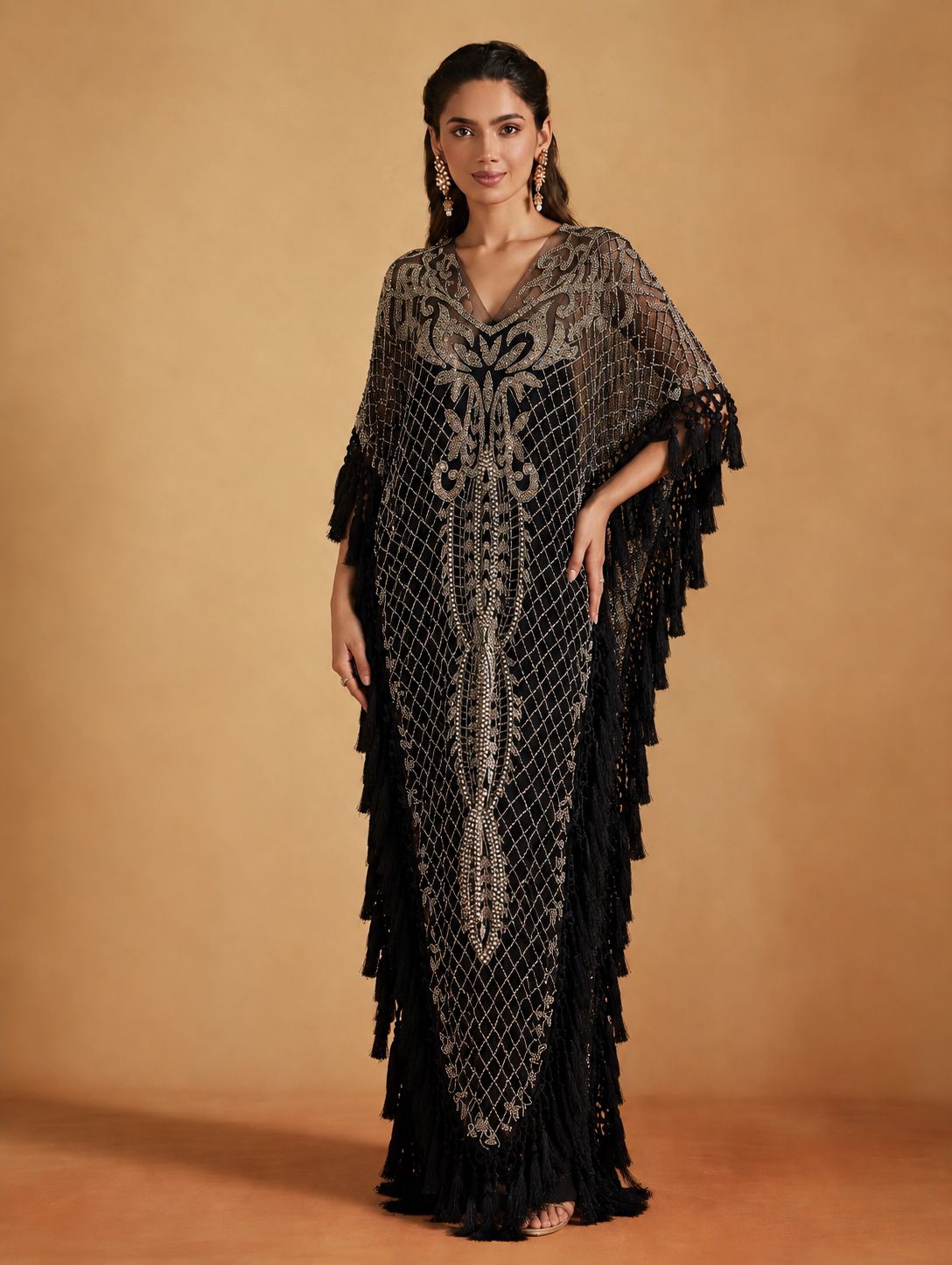 Black Embroidered Tassel Kaftan