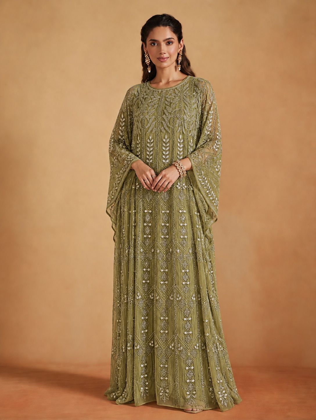 Sage Silver Floral Embellished Kaftan