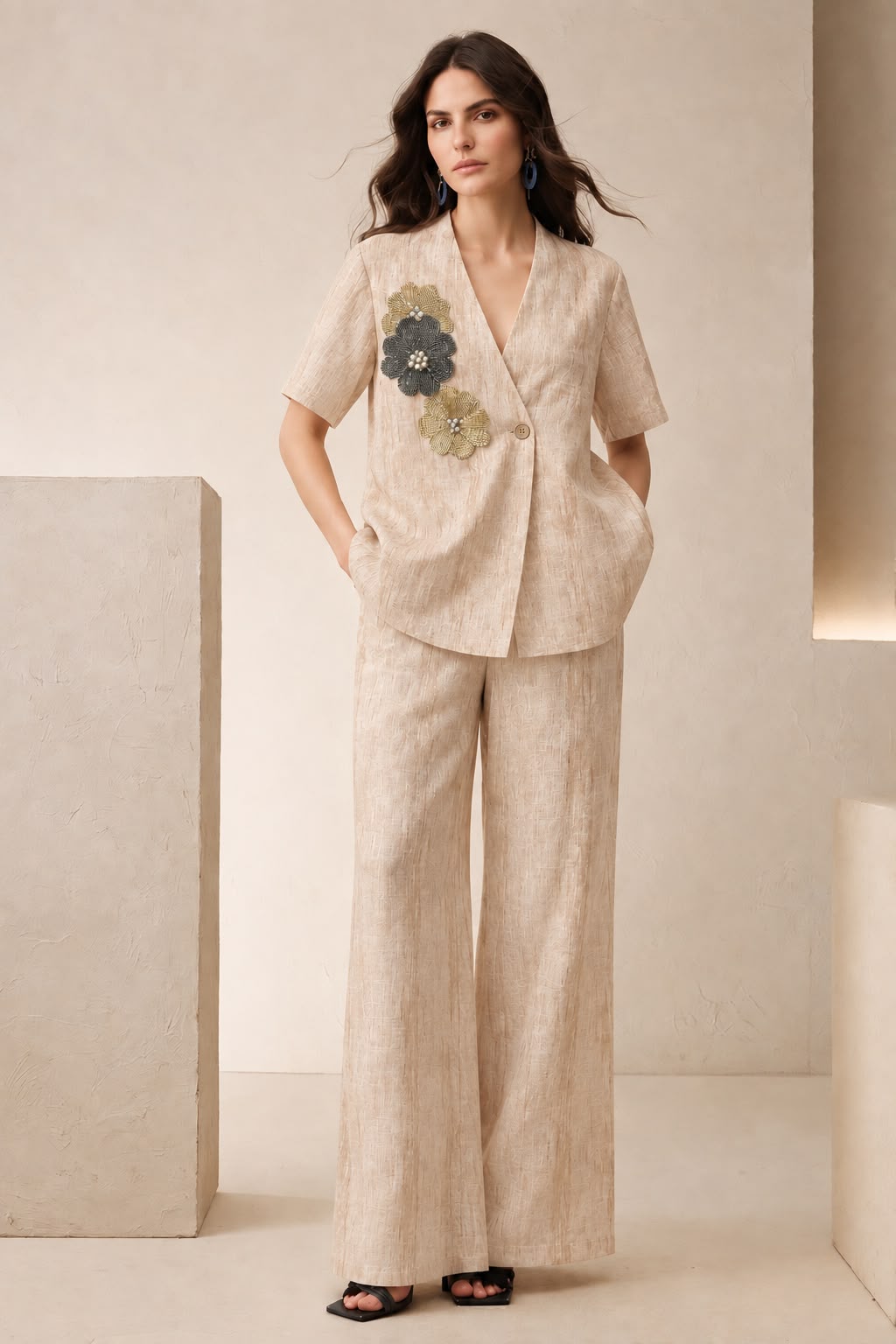 Beige Silk Suit with Handwork