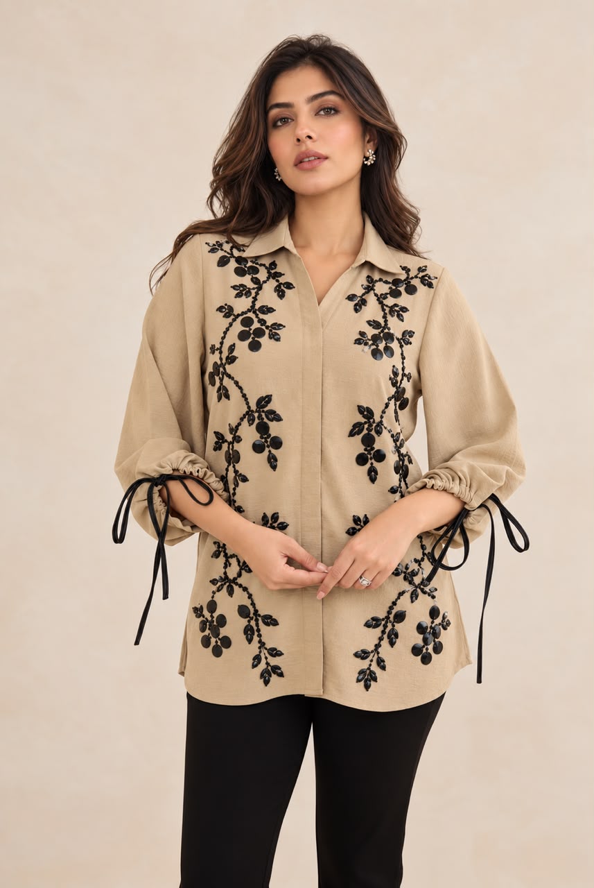 Beige Floral Embroidered Tie-Up Sleeve Shirt
