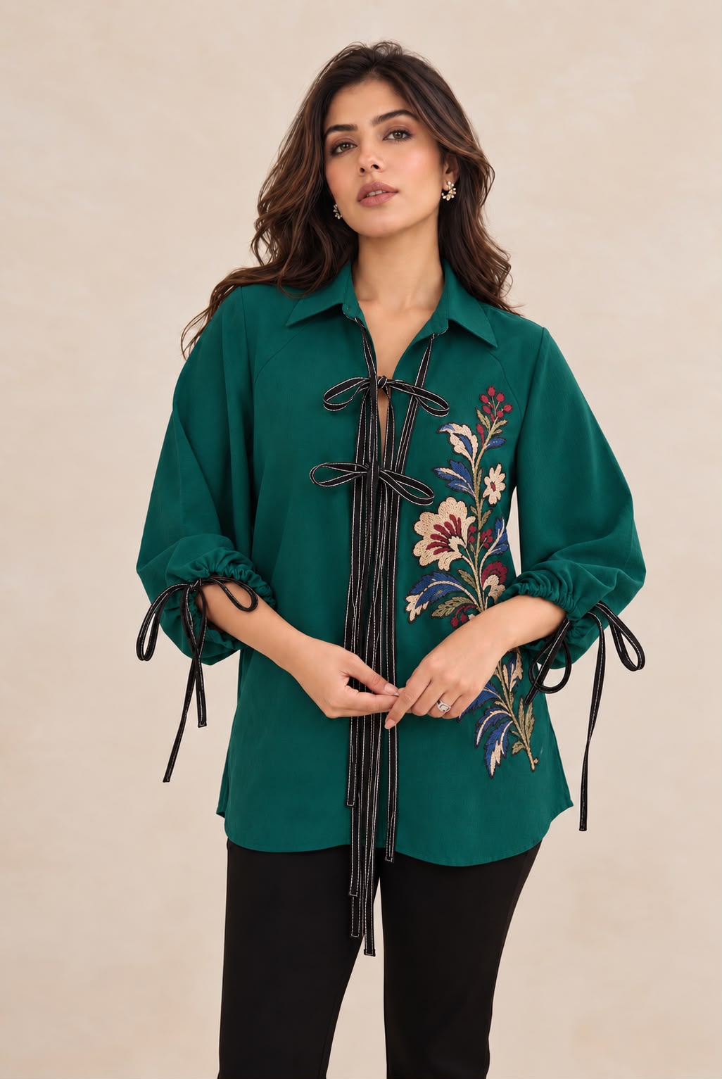Emerald Green Floral Embroidered Tie-Up Shirt