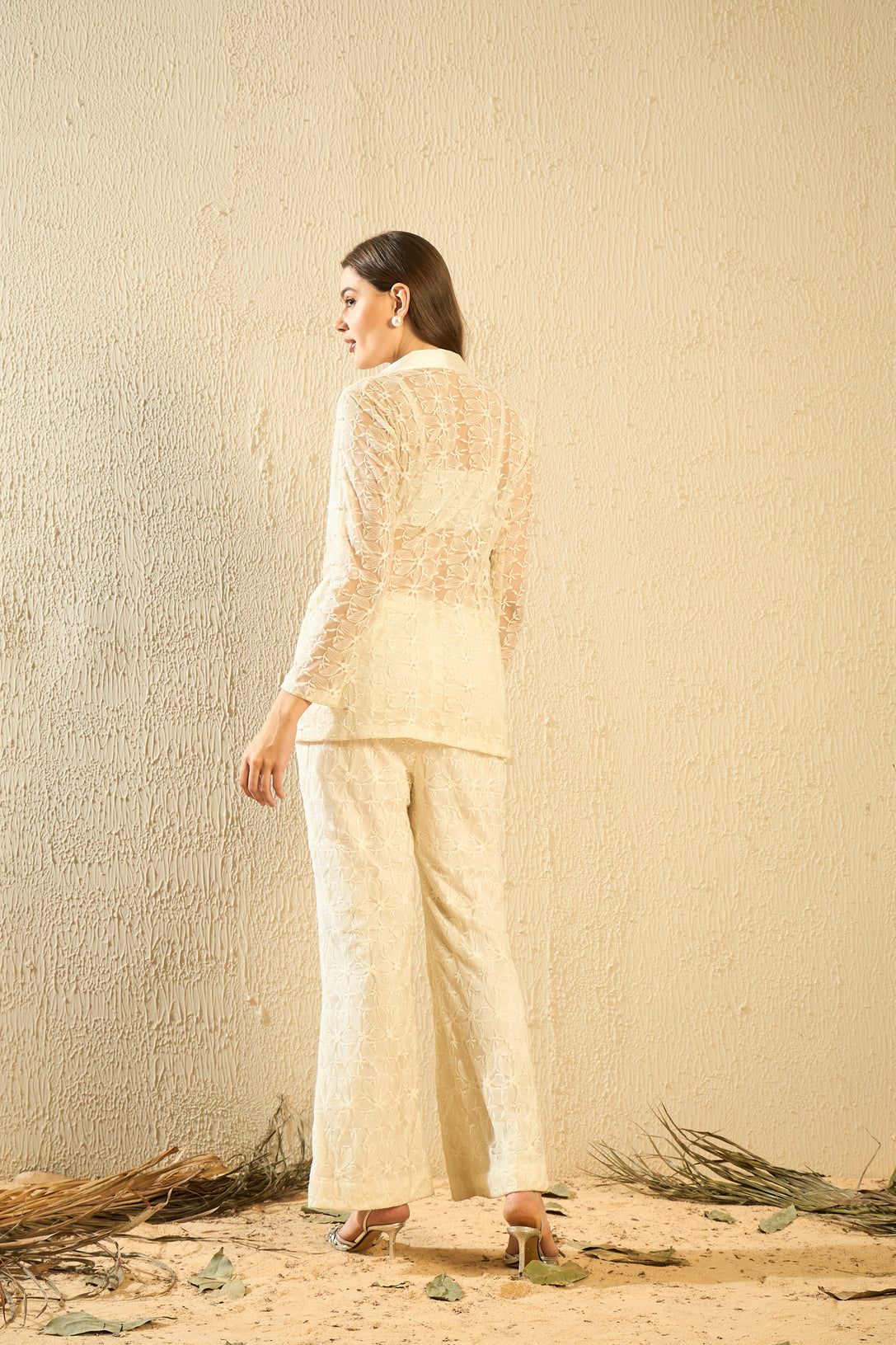 Sophisticated Cutwork Machine Embroidery Blazer and Pants Coord with Bustier