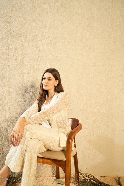 Sophisticated Cutwork Machine Embroidery Blazer and Pants Coord with Bustier