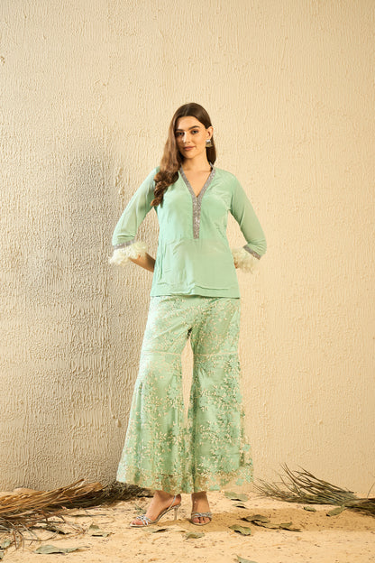 Glamorous Embellished Sharara Coord Set with Peplum Top and Fur Details
