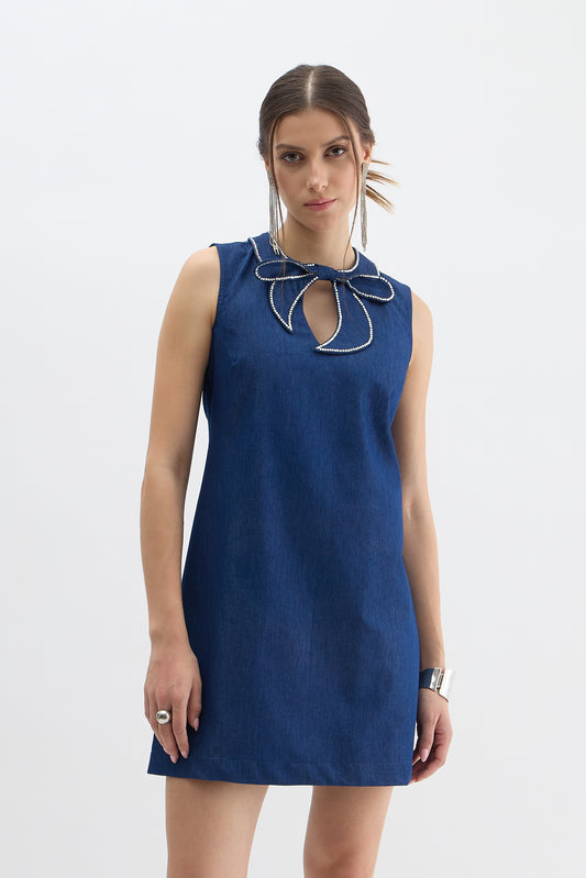 Midnight Blue Dress with Crystal Bow Cut-Out