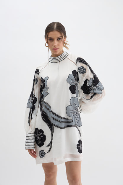 Monochrome Floral Embroidered Sheer Sleeve Dress