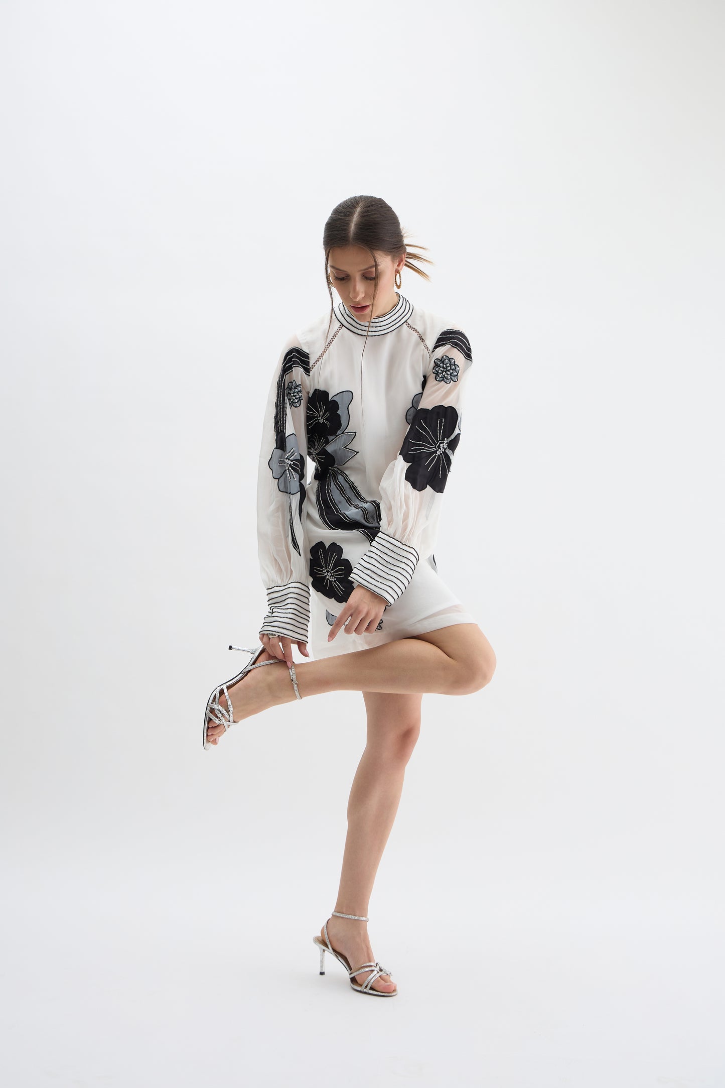 Monochrome Floral Embroidered Sheer Sleeve Dress