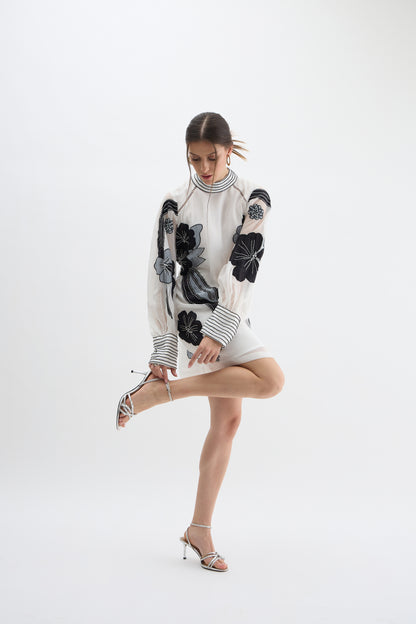 Monochrome Floral Embroidered Sheer Sleeve Dress
