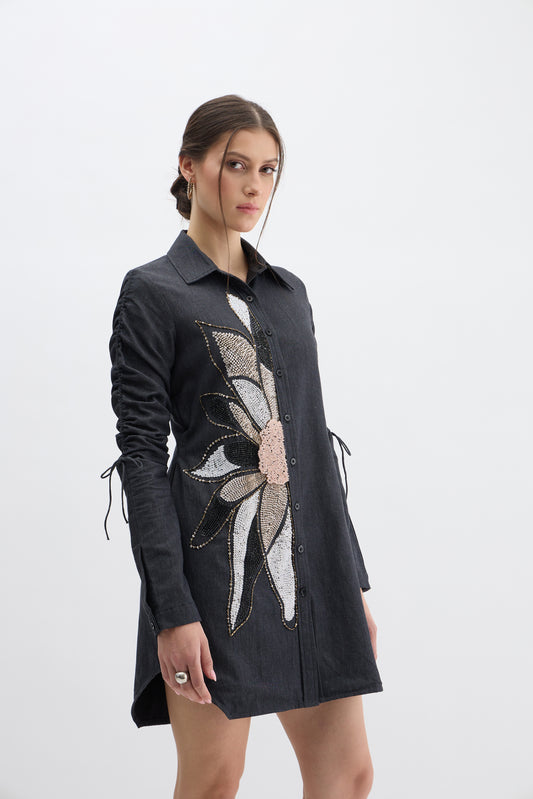 Midnight Bloom Embellished Denim Shirt Dress