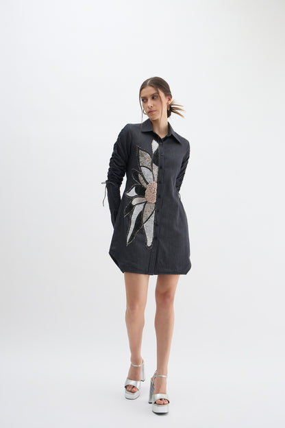 Midnight Bloom Embellished Denim Shirt Dress