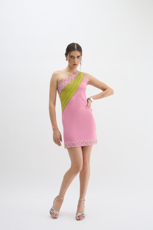 Sunset Bloom One-Shoulder Embellished Mini Dress