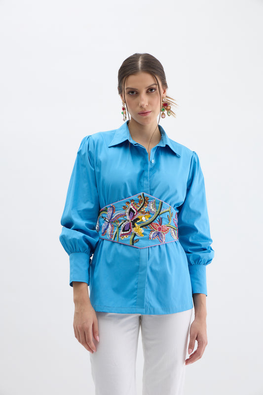 Azure Bloom Embroidered Waist Shirt