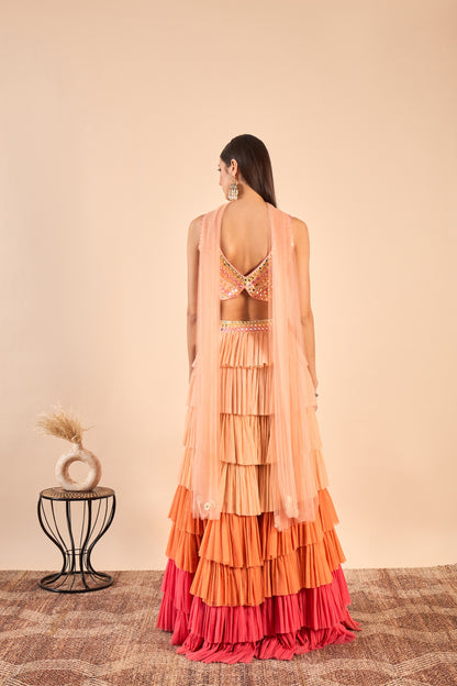 Ruffled Net Lehenga and Hand-Embroidered Mirror Work Blouse