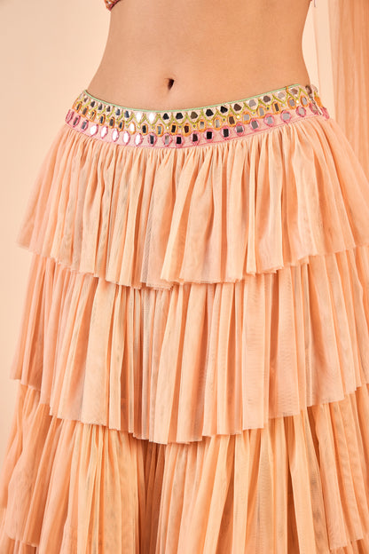 Ruffled Net Lehenga and Hand-Embroidered Mirror Work Blouse