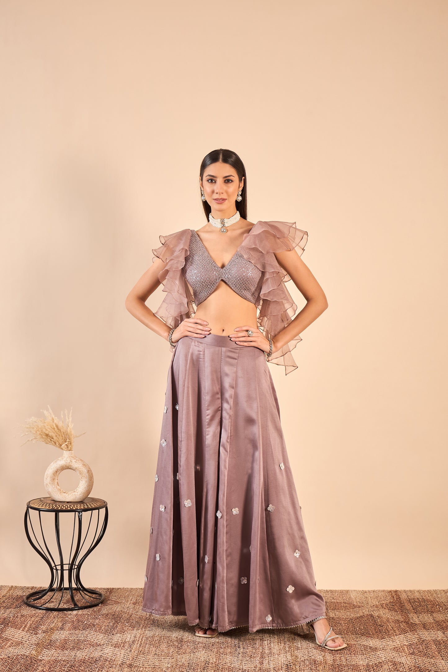 Satin Sharara with Intricate Sequin Handwork and Ruffled top