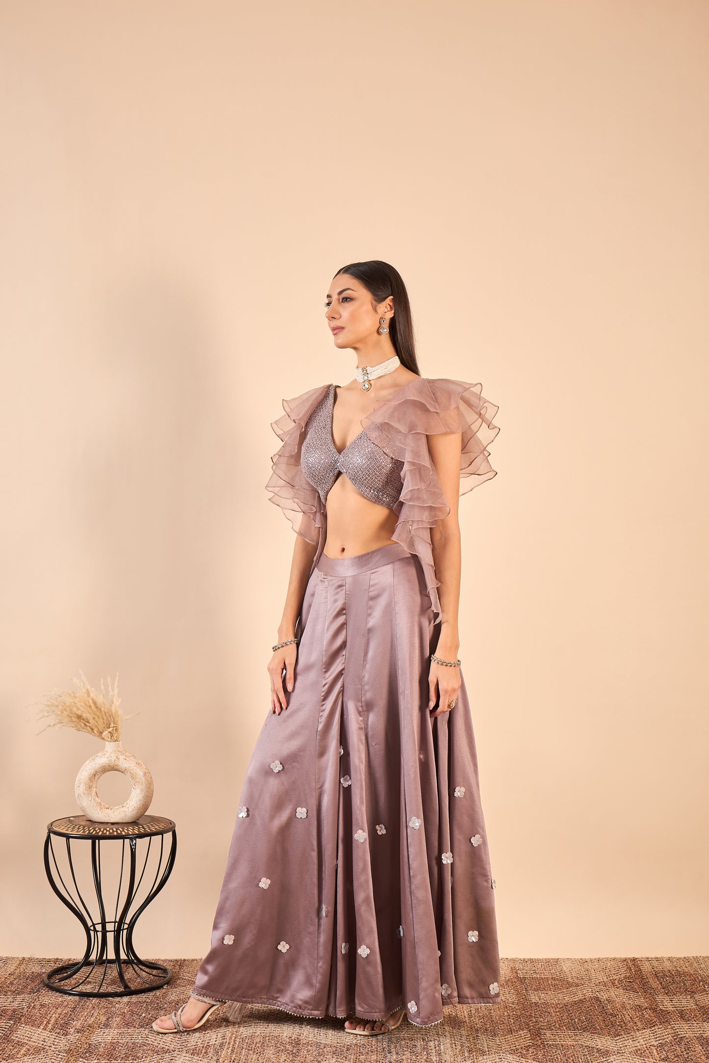 Satin Sharara with Intricate Sequin Handwork and Ruffled top