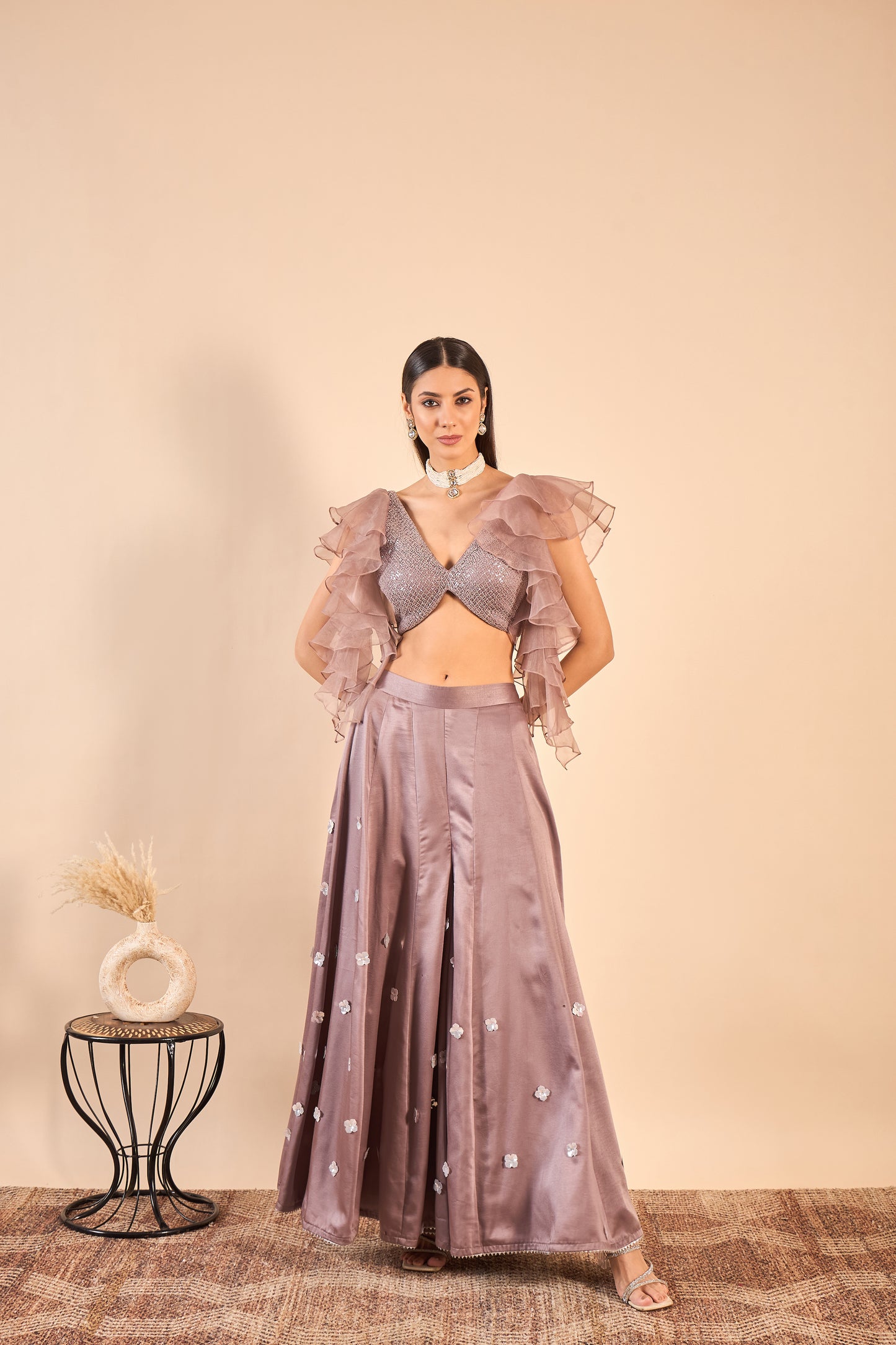 Satin Sharara with Intricate Sequin Handwork and Ruffled top