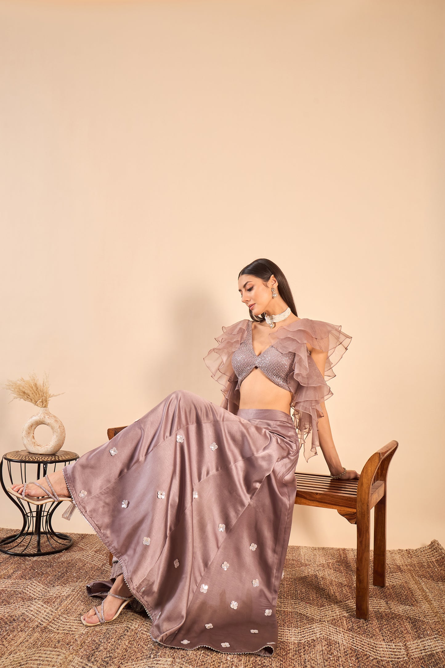 Satin Sharara with Intricate Sequin Handwork and Ruffled top