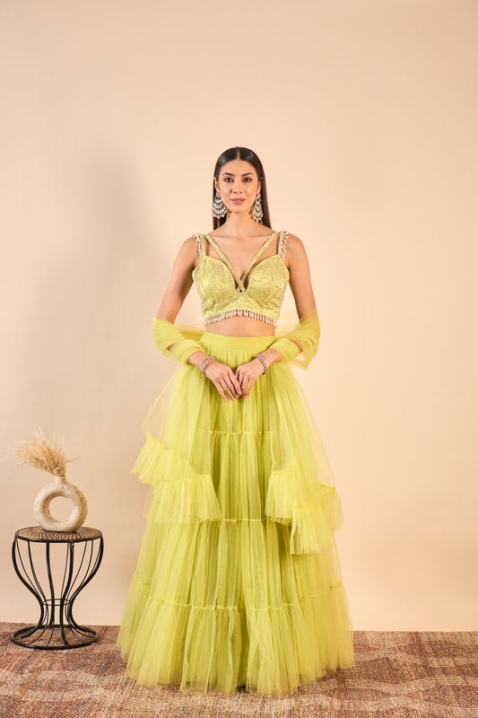 Ruffled Net Lehenga with Embroidery