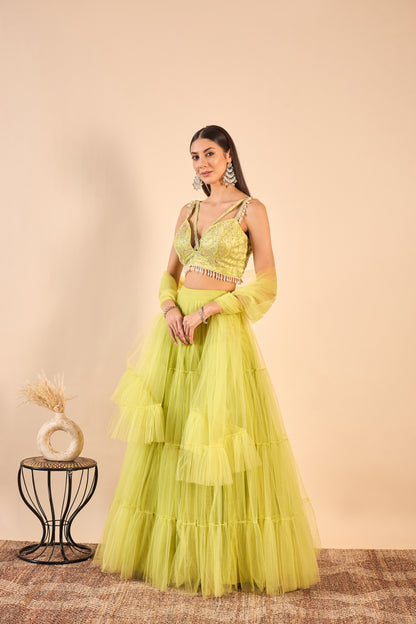 Ruffled Net Lehenga with Embroidery