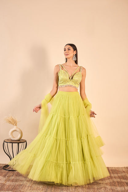 Ruffled Net Lehenga with Embroidery