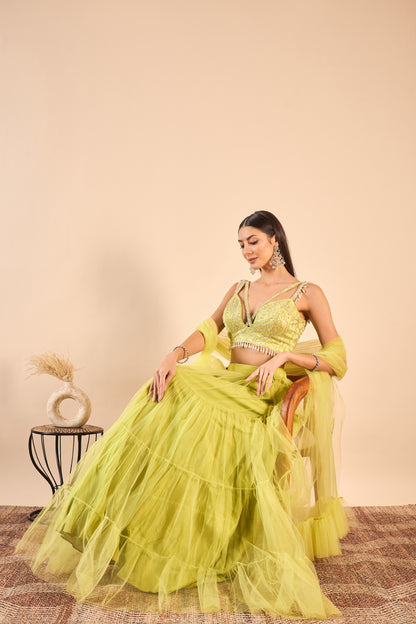 Ruffled Net Lehenga with Embroidery