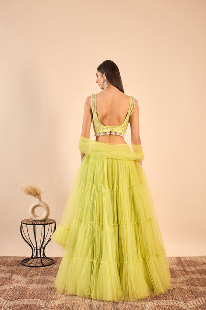 Ruffled Net Lehenga with Embroidery