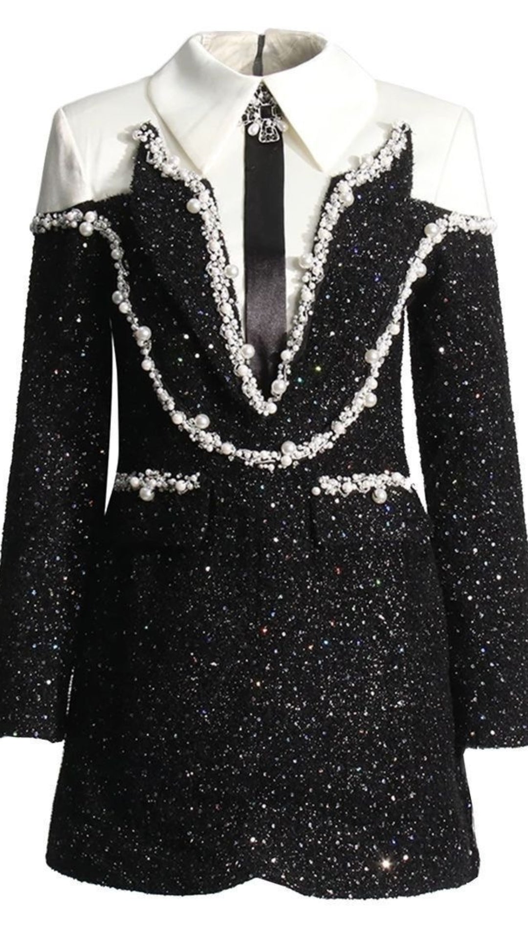 Black and White Dress with Heavy Pearl and Crystal Detailing