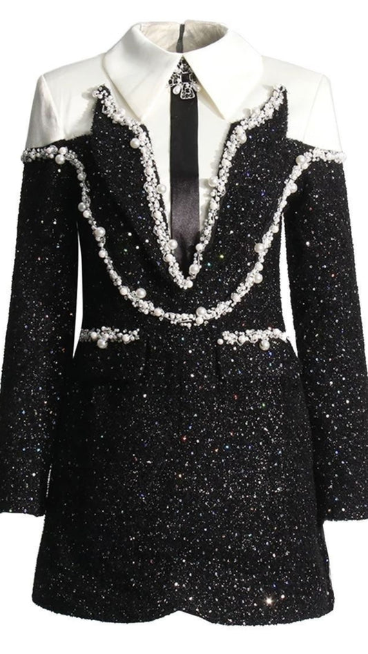 Black and White Dress with Heavy Pearl and Crystal Detailing