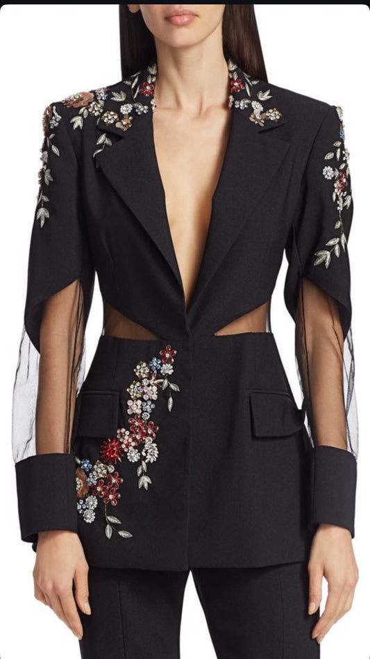 Black Cut-Out Blazer Co-Ord Set with Straight Pants