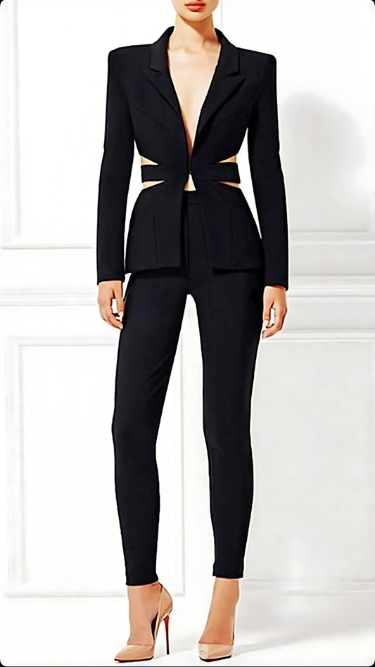 Plain Black Coat with Cut-Outs and Straight Pants,
