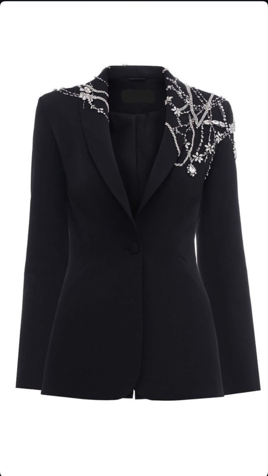 Plain Black Coat with Asymmetric Stonework
