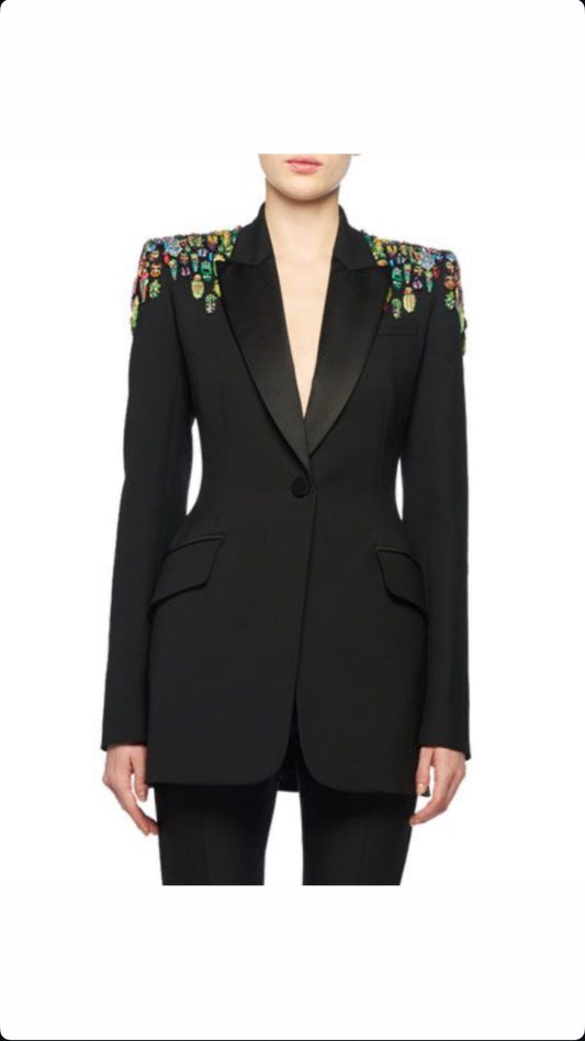 Black Plain Blazer Co-Ord Set with Pants and Stonework