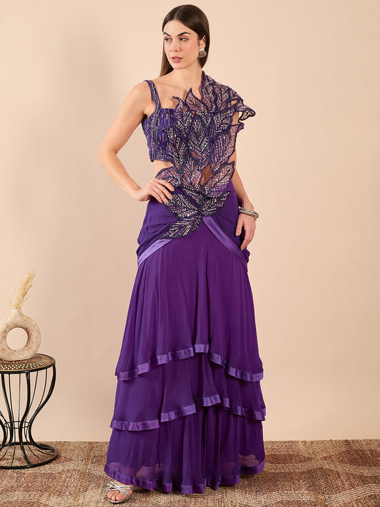 Designer Drape Skirt and Bustier with Cutwork Embroidered Dupatta Detailing Saree