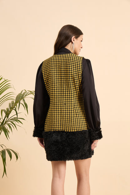 Royal Houndstooth Faux Fur Dress