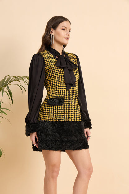 Royal Houndstooth Faux Fur Dress