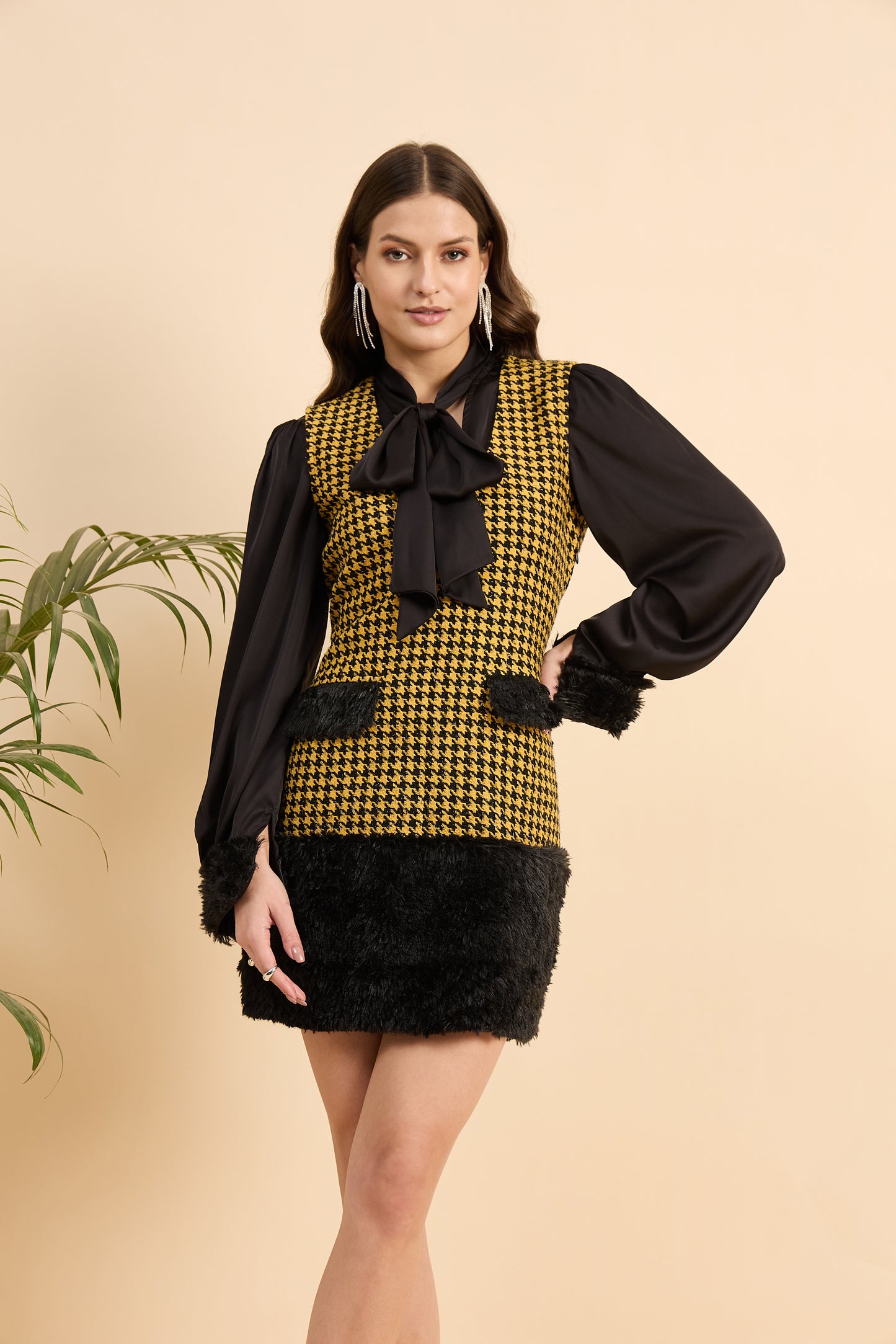 Royal Houndstooth Faux Fur Dress