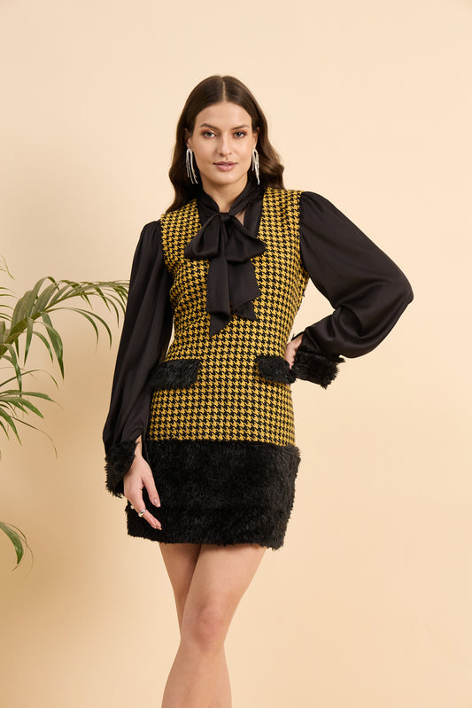 Royal Houndstooth Faux Fur Dress